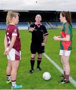 13 August 2016; Captains Jennifer Rogers, left, of Westmeath and Sarah Tierney, right, of Mayo join referee Gus Chapman for the coin toss ahead of the TG4 Ladies Football All-Ireland Senior Championship Quarter-Final game between Mayo and Westmeath at Glennon Brothers Pearse Park in Longford. Photo by Seb Daly/Sportsfile