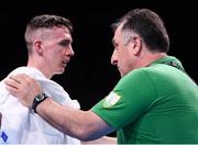 13 August 2016; Team Ireland coach Zaur Antia with Brendan Irvine during their Light-Flyweight preliminary round of 32 bout with Shakhobidin Zoirov of Uzbekistan in the Riocentro Pavillion 6 Arena during the 2016 Rio Summer Olympic Games in Rio de Janeiro, Brazil. Photo by Stephen McCarthy/Sportsfile
