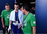13 August 2016; Steven Donnelly of Ireland leaves the arena with coaches Eddie Bolger, right, and John Conlon, left, following his Welterweight preliminary round of 32 bout defeat to Mohammed Rabii of Morocco in the Riocentro Pavillion 6 Arena during the 2016 Rio Summer Olympic Games in Rio de Janeiro, Brazil. Photo by Stephen McCarthy/Sportsfile