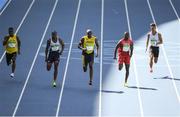 13 August 2016; Usain Bolt of Jamaica leads athletes, from left, Jahvid Best, of Saint Lucia, James Dasalou of Great Britain, Richard Thompson of Trinidad and Tobago and Timothee Jin Wei Yap of Singapore during round 1 of the Men's 100m in the Olympic Stadium, Maracanã, during the 2016 Rio Summer Olympic Games in Rio de Janeiro, Brazil. Photo by Brendan Moran/Sportsfile