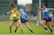 13 August 2016; Ciara Hegarty of Donegal in action against Carla Rowe, centre, and Niamh McEvoy of Dublin during the TG4 Ladies Football All-Ireland Senior Championship Quarter-Final game between Dublin and Donegal at Glennon Brothers Pearse Park in Longford. Photo by Seb Daly/Sportsfile