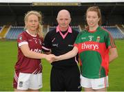 13 August 2016; Captains Jennifer Rogers, left, of Westmeath, Sarah Tierney, right, of Mayo and referee Gus Chapman ahead of the TG4 Ladies Football All-Ireland Senior Championship Quarter-Final game between Mayo and Westmeath at Glennon Brothers Pearse Park in Longford. Photo by Seb Daly/Sportsfile