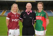 13 August 2016; Captains Jennifer Rogers, left, of Westmeath, Sarah Tierney, right, of Mayo and referee Gus Chapman ahead of the TG4 Ladies Football All-Ireland Senior Championship Quarter-Final game between Mayo and Westmeath at Glennon Brothers Pearse Park in Longford. Photo by Seb Daly/Sportsfile