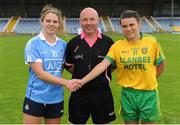 13 August 2016; Captain Noelle Healy, left, of Dublin and Niamh Herarty of Donegal join referee Gus Chapman ahead of the TG4 Ladies Football All-Ireland Senior Championship Quarter-Final game between Dublin and Donegal at Glennon Brothers Pearse Park in Longford. Photo by Seb Daly/Sportsfile