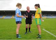 13 August 2016; Captain Noelle Healy, left, of Dublin and Niamh Herarty of Donegal join referee Gus Chapman for the coin toss ahead of the TG4 Ladies Football All-Ireland Senior Championship Quarter-Final game between Dublin and Donegal at Glennon Brothers Pearse Park in Longford. Photo by Seb Daly/Sportsfile