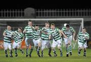 28 October 2010; Shamrock Rovers players celebrate after goalkeeper Robert Hughes saved a penalty in sudden death to win the match. Airtricity Under-20 League Final, Shamrock Rovers v Bohemians, Tallaght Stadium, Tallaght, Dublin. Picture credit: Brian Lawless / SPORTSFILE