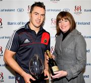 29 October 2010; Bank of Ireland Man of the Match Niall Ronan receives his award from Clare Guinness, Bank of Ireland, Regional Business Manager. Celtic League, Ulster v Munster, Ravenhill Park, Belfast. Picture credit: John Dickson / SPORTSFILE