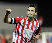 30 October 2010; Mark Farren, Derry City, celebrates after scoring the winning goal in what will be his last game for the club. Airtricity League First Division, Monaghan United v Derry City, Gortakeegan, Monaghan. Picture credit: Oliver McVeigh / SPORTSFILE