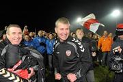 30 October 2010; Derry City manager Stephen Kenny celebrates with fans after the game. Airtricity League First Division, Monaghan United v Derry City, Gortakeegan, Monaghan. Picture credit: Oliver McVeigh / SPORTSFILE