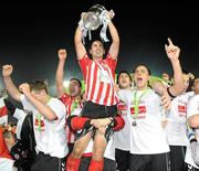 30 October 2010; Mark Farren, Derry City, lifts the Airtricity League First Division trophy. Airtricity League First Division, Monaghan United v Derry City, Gortakeegan, Monaghan. Picture credit: Oliver McVeigh / SPORTSFILE