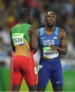 13 August 2016; Kirani James of Grenada, left, and LaShawn Merritt of USA after finishing first and second respectively in semi-final 1 of the Men's 400m in the Olympic Stadium, Maracanã, during the 2016 Rio Summer Olympic Games in Rio de Janeiro, Brazil. Photo by Brendan Moran/Sportsfile