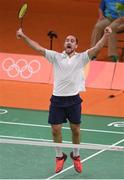 13 August 2016; Scott Evans of Ireland celebrates his victory in the Men's Singles Group Play Stage match between Scott Evans and Ygor Coelho de Oliveira at Riocentro Pavillion 4 Arena during the 2016 Rio Summer Olympic Games in Rio de Janeiro, Brazil. Photo by Ramsey Cardy/Sportsfile
