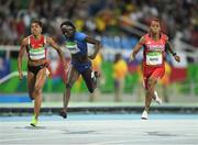 13 August 2016; Tori Bowie, centre, of USA, wins semi-final 1 of the Women's 100m ahead of second place finisher Michelle-Lee Ahye, right, of Trinidad and Tobago and sixth place finisher Mujinga Kambundji, left, of Switzerland in the Olympic Stadium, Maracanã, during the 2016 Rio Summer Olympic Games in Rio de Janeiro, Brazil. Photo by Brendan Moran/Sportsfile