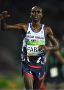 13 August 2016; Mo Farah of Great Britain celebrates winning the Men's 10000m Final in the Olympic Stadium, Maracanã, during the 2016 Rio Summer Olympic Games in Rio de Janeiro, Brazil. Photo by Brendan Moran/Sportsfile