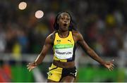 13 August 2016; Elaine Thompson of Jamaica reacts after winning the Women's 100m Final n the Olympic Stadium, Maracanã, during the 2016 Rio Summer Olympic Games in Rio de Janeiro, Brazil. Photo by Brendan Moran/Sportsfile