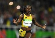 13 August 2016; Elaine Thompson of Jamaica reacts after winning the Women's 100m Final n the Olympic Stadium, Maracanã, during the 2016 Rio Summer Olympic Games in Rio de Janeiro, Brazil. Photo by Brendan Moran/Sportsfile