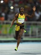 13 August 2016; Elaine Thompson of Jamaica celebrates winning the Women's 100m Final in the Olympic Stadium, Maracanã, during the 2016 Rio Summer Olympic Games in Rio de Janeiro, Brazil. Photo by Brendan Moran/Sportsfile