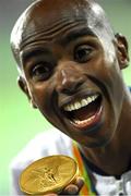 13 August 2016; Mo Farah of Great Britain with his gold medal for the Men's 10000m in the Olympic Stadium, Maracanã, during the 2016 Rio Summer Olympic Games in Rio de Janeiro, Brazil. Photo by Brendan Moran/Sportsfile