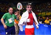 14 August 2016; Michael Conlan of Ireland celebrates defeating Aram Avagyan of Armenia following their Bantamweight preliminary round of 16 bout in the Riocentro Pavillion 6 Arena, Barra da Tijuca, during the 2016 Rio Summer Olympic Games in Rio de Janeiro, Brazil. Photo by Ramsey Cardy/Sportsfile