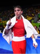 14 August 2016; Michael Conlan of Ireland celebrates defeating Aram Avagyan of Armenia following their Bantamweight preliminary round of 16 bout in the Riocentro Pavillion 6 Arena, Barra da Tijuca, during the 2016 Rio Summer Olympic Games in Rio de Janeiro, Brazil. Photo by Ramsey Cardy/Sportsfile