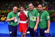 14 August 2016; Michael Conlan of Ireland with coaches from left, Zaur Antia, John Conlan and Eddie Bolger after defeating Aram Avagyan of Armenia following their Bantamweight preliminary round of 16 bout in the Riocentro Pavillion 6 Arena, Barra da Tijuca, during the 2016 Rio Summer Olympic Games in Rio de Janeiro, Brazil. Photo by Ramsey Cardy/Sportsfile