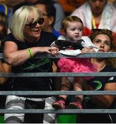 14 August 2016; Michael Conlan's daughter Luisne and mother Teresa ahead of his bout against Aram Avagyan of Armenia in the Riocentro Pavillion 6 Arena, Barra da Tijuca, during the 2016 Rio Summer Olympic Games in Rio de Janeiro, Brazil. Photo by Ramsey Cardy/Sportsfile