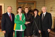 27 October 2010; TEAM Ireland member Niall Flynn, from Dunlaoighre, Co. Dublin, who won a Silver medal in the 50m race and Gold medal in the softball throw competition at the 2010 Special Olympics European Games, with President Mary McAleese, Dr. Martin McAleese and Declan and and Elizabeth Flynn at a reception to celebrate their achievements in Aras an Uachtarain, Phoenix Park, Dublin. Picture credit: Ray McManus / SPORTSFILE