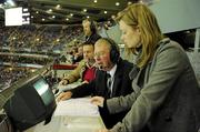 30 October 2010; RTÉ match commentator Micheál Ó Muircheartaigh, with co-commentator Bernard Flynn and his daughter Doireann, during the final moments of the game. Irish Daily Mail International Rules Series 2nd Test, Ireland v Australia, Croke Park, Dublin. Picture credit: Ray McManus / SPORTSFILE