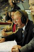 30 October 2010; RTÉ match commentator Micheál Ó Muircheartaigh, with co-commentator Bernard Flynn and his daughter Doireann, during the final moments of the game. Irish Daily Mail International Rules Series 2nd Test, Ireland v Australia, Croke Park, Dublin. Picture credit: Ray McManus / SPORTSFILE