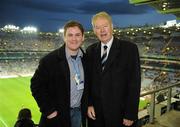 30 October 2010; RTÉ match commentator Micheál Ó Muircheartaigh with Paul Byrnes, Executive Editor of Gaelic Games Programming, RTÉ TV, before the game. Irish Daily Mail International Rules Series 2nd Test, Ireland v Australia, Croke Park, Dublin. Picture credit: Ray McManus / SPORTSFILE