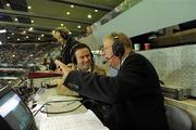 30 October 2010; RTÉ match commentator Micheál Ó Muircheartaigh with co-commentator Bernard Flynn after the game. Irish Daily Mail International Rules Series 2nd Test, Ireland v Australia, Croke Park, Dublin. Picture credit: Ray McManus / SPORTSFILE