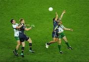 30 October 2010; Ireland players Finian Hanley, left, and Ciarán McKeever contest a dropping ball with Jack Riewoldt, left, and Eddie Betts, Australia. Irish Daily Mail International Rules Series 2nd Test, Ireland v Australia, Croke Park, Dublin. Picture credit: Ray McManus / SPORTSFILE