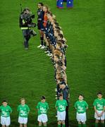 30 October 2010; Australia players during the national anthem. Irish Daily Mail International Rules Series 2nd Test, Ireland v Australia, Croke Park, Dublin. Picture credit: Ray McManus / SPORTSFILE