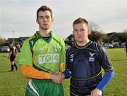 30 October 2010; Ireland captain Eoin Reilly, left, and Scotland captain Michael Rodger before the game. U21 Shinty - Hurling International Final, Ireland v Scotland, Ratoath GAA Club, Ratoath, Co. Meath. Picture credit: Barry Cregg / SPORTSFILE