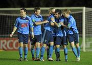 1 November 2010; Graham Rusk, second from right, UCD, celebrates with team mates after scoring his side's first goal. Newstalk A Championship Final, UCD v Bohemians, Belfield Bowl, UCD, Dublin. Picture credit: David Maher / SPORTSFILE