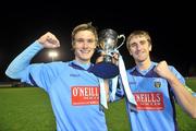 1 November 2010; UCD joint captains Michael Leahy, left, and Michael Kelly celebrate at the end of the game. Newstalk A Championship Final, UCD v Bohemians, Belfield Bowl, UCD, Dublin. Picture credit: David Maher / SPORTSFILE