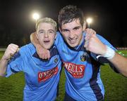 1 November 2010; Winning goalscorer Graham Rusk, right, UCD, celebrates at the end of the game with team-mate Keith Ward. Newstalk A Championship Final, UCD v Bohemians, Belfield Bowl, UCD, Dublin. Picture credit: David Maher / SPORTSFILE