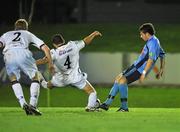 1 November 2010; Graham Rusk, UCD, shoots to score his side's second and winning goal deep in injury time to win the game, despite the efforts Roberto Lopez, 4, Bohemians. Newstalk A Championship Final, UCD v Bohemians, Belfield Bowl, UCD, Dublin. Picture credit: David Maher / SPORTSFILE