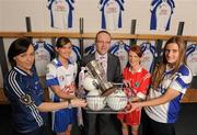2 November 2010; The 2010 Tesco Ladies Football All Ireland Club Championships were launched at Croke Park today with a host of players from the clubs participating in the knock-out stages of the competitions. Pictured are John Prendergast, Tesco Head of Trade and Local Marketing, with Intermediate players, from left, Eimear Gallagher, St. Gall's, Co. Antrim, Michelle Allen, St. Conleth's, Co. Laois, Sinead Fowley, St. Patrick's, Dromohaire, Co. Leitrim, and Katie Geoghegan, West Clare Gaels, Co. Clare . Tesco Ladies Football All-Ireland Club Championships Launch, Hogan Stand, Croke Park, Dublin. Photo by Sportsfile