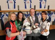 2 November 2010; The 2010 Tesco Ladies Football All Ireland Club Championships were launched at Croke Park today with a host of players from the clubs participating in the knock-out stages of the competitions. Pictured are John Prendergast, Tesco Head of Trade and Local Marketing, with Junior players, from left, Elisha Hunston, Edenderry, Co. Offaly, Ciara Kilroy, Caltra Cuans, Co. Galway, and Emma Nugent, Omagh St. Enda's, Co. Tyrone. Tesco Ladies Football All-Ireland Club Championships Launch, Hogan Stand, Croke Park, Dublin. Photo by Sportsfile