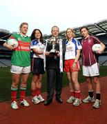 2 November 2010; The 2010 Tesco Ladies Football All Ireland Club Championships were launched at Croke Park today with a host of players from the clubs participating in the knock-out stages of the competitions. Pictured are John Prendergast, Tesco Head of Trade and Local Marketing, with Senior players, from left, Fiona McHale, Carnacon, Co. Mayo, Grainne Dunne, Timahoe, Co. Laois, Mary O'Connor, Inch Rovers, Co. Cork, and Therese McCafferty, Termon, Co. Donegal. Tesco Ladies Football All-Ireland Club Championships Launch, Hogan Stand, Croke Park, Dublin. Photo by Sportsfile
