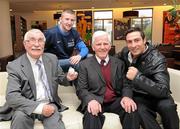 2 November 2010; Olympic silver medalist at the 1952 Helsinki Games John McNally, left, Olympic bronze medalist at the 2008 Beijing Games Paddy Barnes, Olympic bronze medalist at the 1964 Tokyo Games Jim McCourt and Olympic silver medallist at the 2008 Beijing Games Kenny Egan, right, at the launch of the IABA / OCI Centenary Year Calendar 1911-2011. Louis Fitzgerald Hotel, Newlands Cross, Dublin. Picture credit: Alan Place / SPORTSFILE