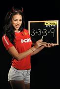 3 November 2010; Model Georgia Salpa shows off her arithmetic to help announce Setanta’s great offer for all Man U fans this week. If you sign up for Setanta before Saturday at 3pm and if Man U win all 3 of their November games on Setanta, you get a free month’s subscription. Don’t forget all these Barclays Premier League Games are exclusively live on Setanta. Sat 6th, Man Utd v Wolverhampton, KO 3pm, Sat 20th, Man Utd v Wigan, KO 3pm ans Sat 27th, Man Utd v Blackburn, KO 3pm. Setanta Ireland, Broadcasting House, Princes Street South, Dublin. Picture credit: Brendan Moran / SPORTSFILE