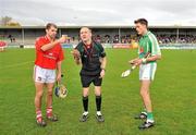 31 October 2010; Referee Cathal McAllister with Crusheen captain Gerry O'Grady, left, and Kilmallock captain Gavin O'Mahony during the coin toss. AIB GAA Hurling Munster Club Senior Championship Quarter-Final, Crusheen v Kilmallock, Cusack Park, Ennis, Co. Clare. Picture credit: Diarmuid Greene / SPORTSFILE