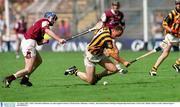 19 August 2001; Andy Comerford, Kilkenny, in action against Galway's Mark Kerins. Kilkenny v Galway, All-Ireland Senior Hurling Championship Semi-Final, Croke Park, Dublin. Picture credit; Damien Eagers / SPORTSFILE