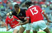 19 August 2001; Kilkenny goalkeeper David Herity in action against Cork's Setanta Ó hAilpín during the All-Ireland Minor Hurling Championship Semi-Final match between Cork and Kilkenny at Croke Park in Dublin. Photo by Brian Lawless/Sportsfile