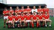 17 September 1989; The Cork team, back row, from left, Michael Slocum, Larry Tompkins, Teddy McCarthy, Barry Coffey, Shay Fahy, John Kerins, Conor Counihan and Stephen O'Brien, with, front row, Paul McGrath, Niall Cahalane, Jimmy Kerrigan, Dinny Allen, Tony Davis, Dave Barry and John Cleary prior to the All-Ireland Senior Football Championship Final between Cork and Mayo at Croke Park in Dublin. Photo by Ray McManus/Sportsfile