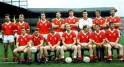 16 September 1990; The Cork team, back row from left, Michael Slocum, Teddy McCarthy, Barry Coffey, Danny Culloty, Shay Fahy, John Kerins, Conor Counihan, Colm O'Neill with front, from left, Paul McGrath, Steven O'Brien, Niall Cahalane, Larry Tompkins, Dave Barry, Tony Nation and Michael McCarthy as they sit for a team photograph prior to the All-Ireland Senior Football Championship Final match between Cork and Meath at Croke Park in Dublin. Photo by Ray McManus/Sportsfile