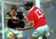 19 August 2001; Kilkenny goalkeeper David Herity in action against Cork's Setanta Ó hAilpín during the All-Ireland Minor Hurling Championship Semi-Final match between Cork and Kilkenny at Croke Park in Dublin. Photo by Damien Eagers/Sportsfile