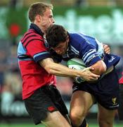 17 August 2001; Shane Horgan of Leinster is tackled by Andrew Henderson of Glasgow during the Celtic League match between Leinster and Glasgow at Donnybrook in Dublin. Photo by Pat Murphy/Sportsfile